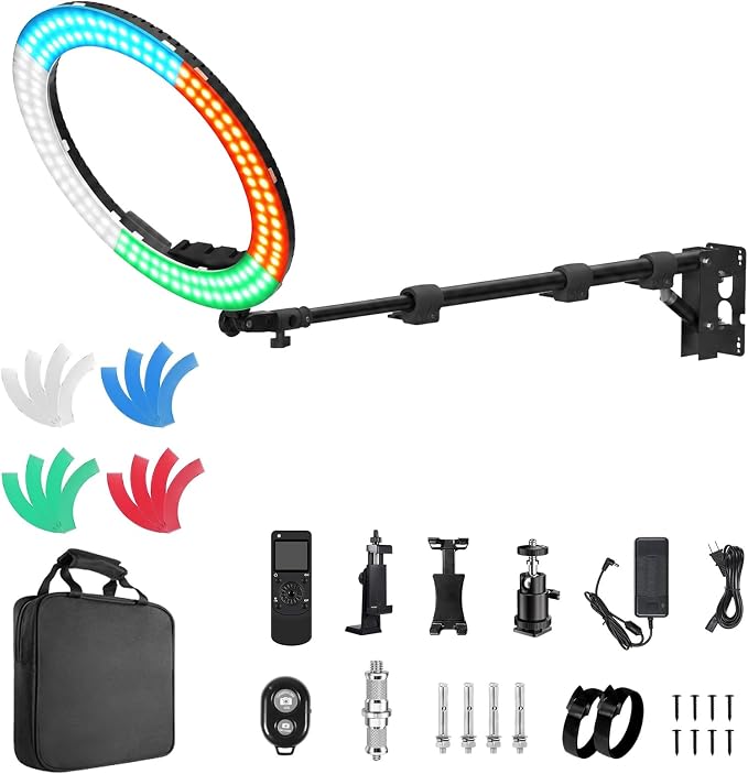 18” Ring Light with Wall Mount Stand and Wireless Remote, 4 Color Filters Bi-Color LCD Display 60W 3000-5800K CRI≥97 Light Ring for Video Recording/Photography/Beauty Shop/Tattoo/Barber