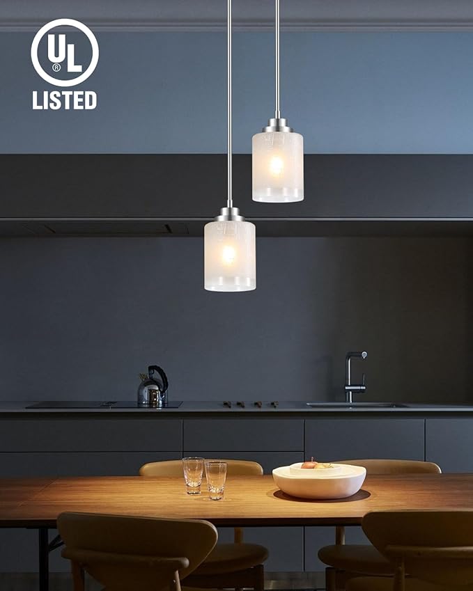 Cerdeco Modern Glass Pendant Light 2 Pack with Linen Frosted Glass Shade,Height Adjustable Hanging Pendant Lighting,Kitchen Island Lighting,Brushed Nickel Finish,UL Listed