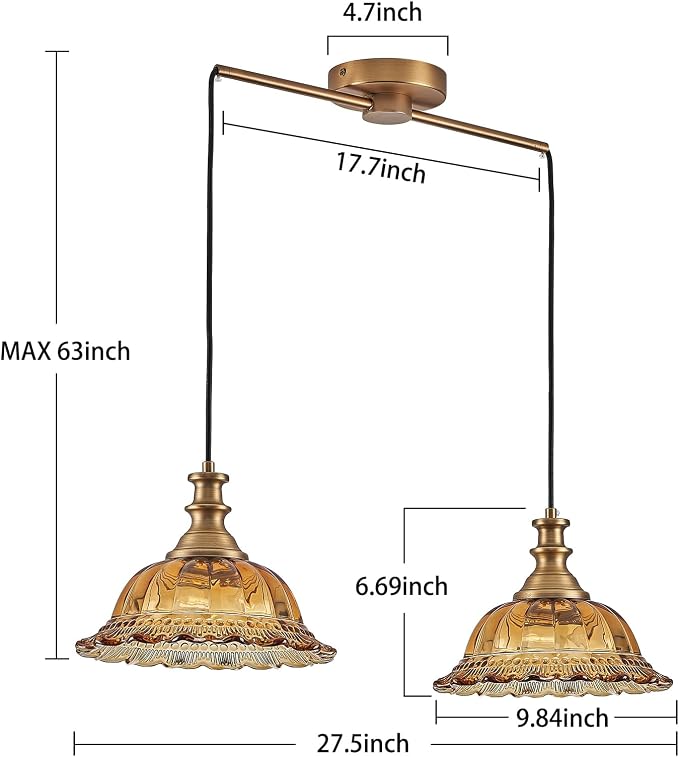 HDDFL Vintage 2 Light Pendant Light Fixtures Modern Brown Glass Hanging Lighting with Adjustable Cord for Kitchen Island Dining Room Living Room Hallway