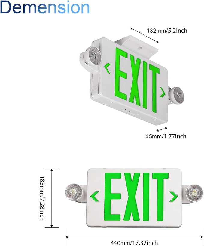 TANLUX Green Exit Sign With Emergency Lights, LED Light With Battery Backup, UL Listed, AC 120/277V, Commercial Combo for Business - 2 Pack