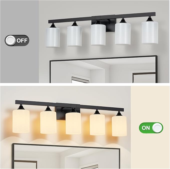 ZHU YAN 5-Light Bathroom Light Fixtures,Black Vanity Light Fixture Over Mirror,Milky White Glass Shades Wall Sconces Modern Bathroom Wall Lamp for Mirror Living Room Bedroom E26 Socket