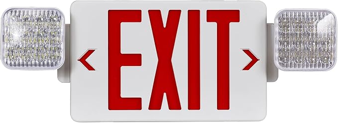 Red LED Exit Sign Emergency Light Combo, UL Listed Battery Backup | UL-listed commercial fire exit sign features 90-min battery backup, 360° rotating dual heads, and easy dual-mount setup.