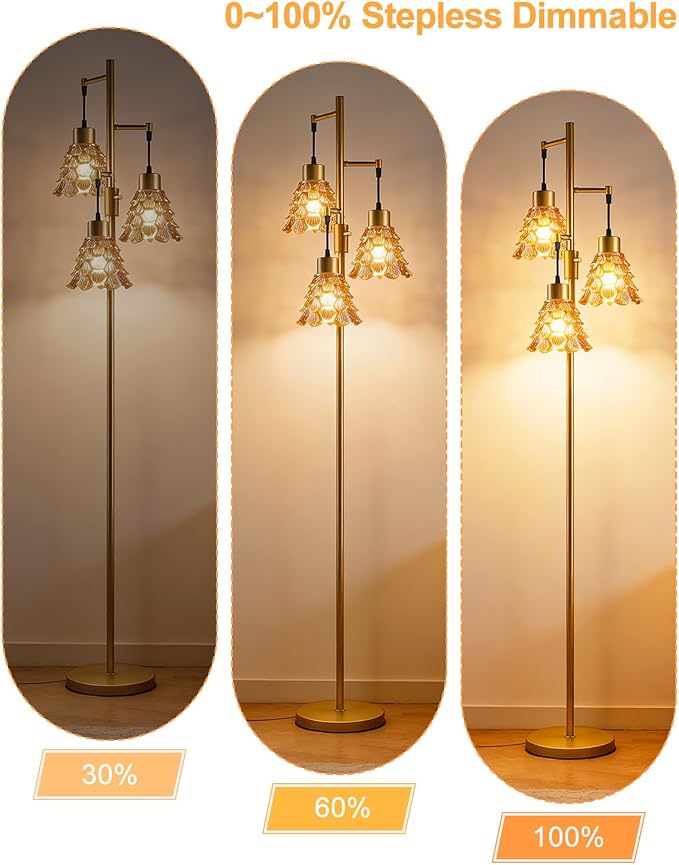 Lightdot 67" Glass Floor Lamps for Living Room, 3-Light Dimmable Floor Lamp with Amber Glass Shade& Bulbs Included, Mid Century Standing Tall Lamp with 5Lbs Heavy Base for Bedroom/Sofa Beside-Gold