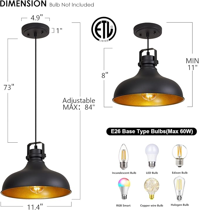 Black Farmhouse Pendant Lights Kitchen Island Fixtures | ETL Certificate,Industrial Adjustable Height Vintage Dome Hanging Light Fixtures for Barn,Dining Room 1 Pack