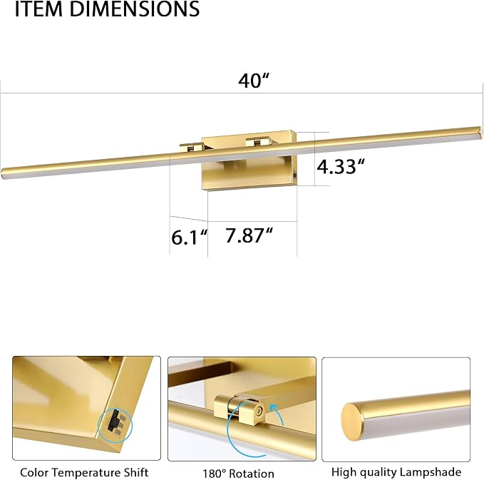 LED Bathroom Vanity Light, Modern Bathroom Light Fixture Over Mirror (3000K/4000K/6000K, Dimmable), Vanity Light Bar with Angle Adjustable, 40 Inch, Brass