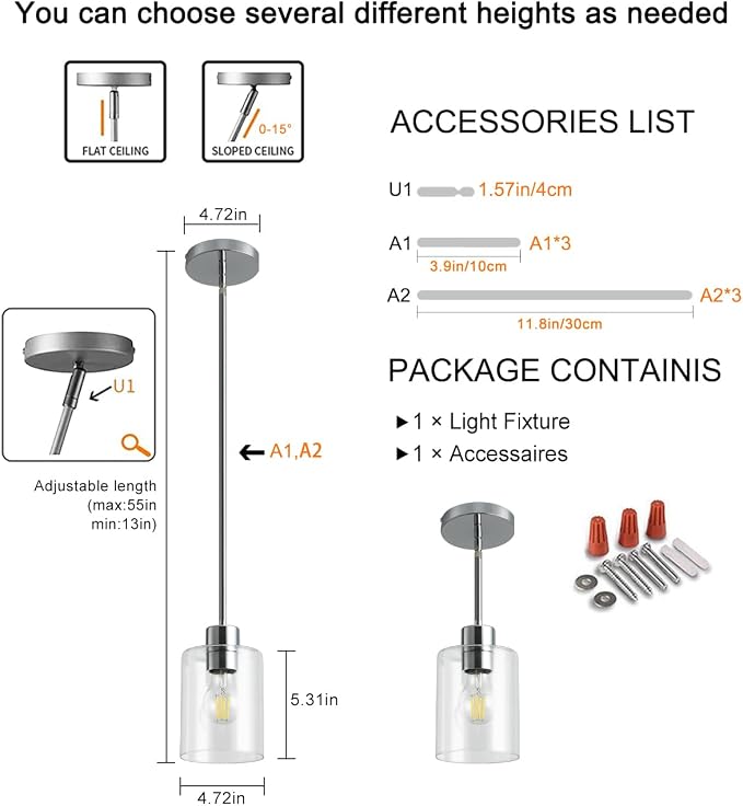 Chrome Pendant Lights Kitchen Island - Clear Glass Pendant Light Fixture Multiple Stems Rods 3 Units 12 Inch 3 Units 4 Inch (1 Pack Chrome Downrod)