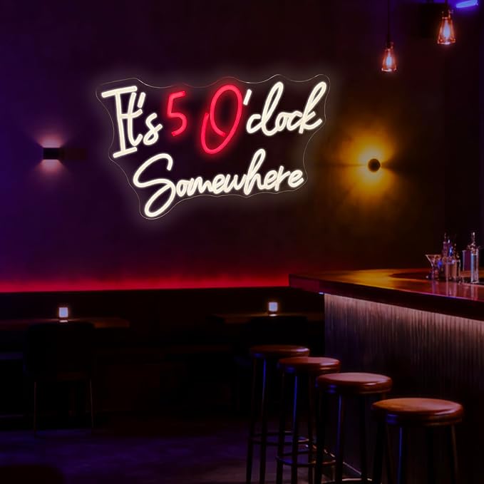 It's 5 O'Clock Somewhere Neon Bar Sign for Wall Decor (16.9x10.6in) | Dimmable USB LED Neon Light for Home Bar Decor, Man Cave, Pub Party -Gift for Husband, Father, Birthday & Christmas