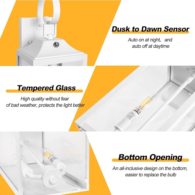 19" White Dusk to Dawn Outdoor Wall Lantern 2-Light, Farmhouse Porch Lights | Waterproof Outdoor Wall Sconce, Anti-Rust Modern Outdoor Light Fixture with Glass Large Coach Lights for Porch Garage, 1-Pack