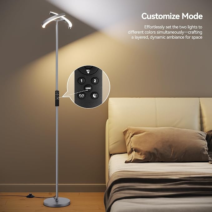 SUNMORY Floor Lamp for Living Room, 28W Bright LED Lamp with Remote Control | 1600lm Dimmable Rotatable Standing Light, 74" Tall Modern Reading Torchiere Uplighter for Bedroom Office Corner, Gray