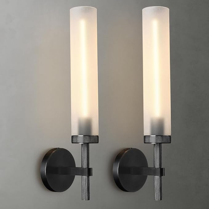 Black Knurled Wall Sconce, 20" Bathroom Wall Sconce 2Pc, Glass Tube and Brass Wall Sconces Lighting, Wall Light Mirror Sconces,Vanity Sconce Lights for Bath, Bedroom, Living Room, Hallway