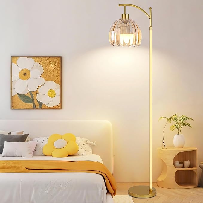 QIYIZM Glass Floor Lamp for Living Room,Bedroom,Gold Dimmable Standing Lamp with Remote,Mid Century Modern Brass Tall Lamp Boho Floor Lamps Arc Stained Flower Floor Light Lamp Girls Bohemian