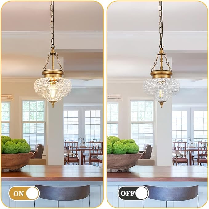 Vintage Pendant Light - Bronze Gold Pendant Lights Kitchen Island with Floral Glass, Brass Penant Lighting Fixtures with Adjustable Hanging Chain for Kitchen, Dining Room, Entryway