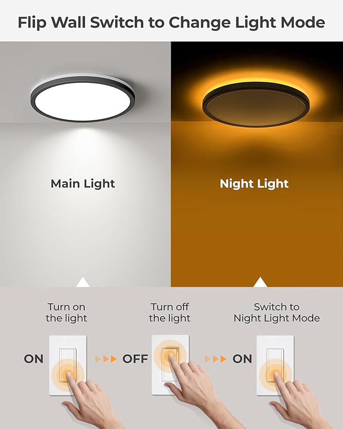 Matane Dimmable LED Flush Mount Ceiling Light Fixture with Night Light, 8.7inch 1800LM 3000K/4000K/5000K Selectable, Low Profile Ceiling Light for Hallway Kitchen Bedroom, Round Black
