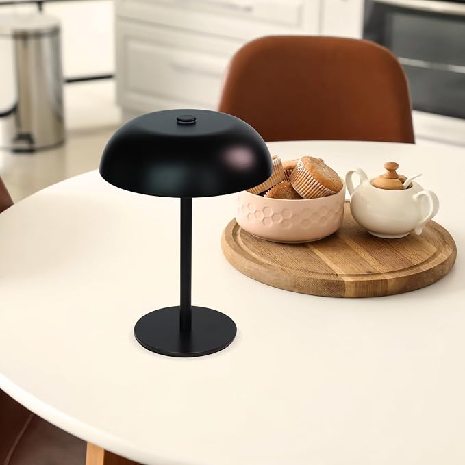 2 Pack Cordless Mushroom Table Lamp, Rechargeable, Dimmable 3 Color, Black | Small, 8.46in, Portable, Easy to Assemble, Metal Structure, Rechargeable, Suitable for Bedroom, Café, and Bar Counter