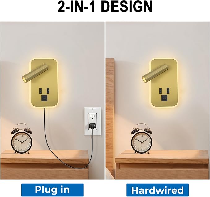 Wall Sconce Plug in with Wall Mounted Reading Lights,Modern Wall Lamp for Bedroom with Charging Station USB C+A Ports,Headboard Bedside Lamps with 3W+9W Night Light,3 Color Temperature