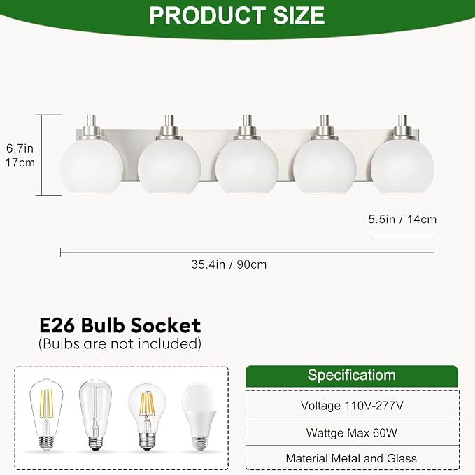 IZORRO Bathroom Light Fixtures, 5-Light Brushed Nickel Vanity Light, Modern Wall Sconces with Globe Milk White Glass Shade, Vanity Lighting Fixtures Over Mirror,E26 Bulb Socket