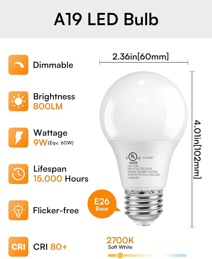 TJOY A19 Dimmable LED Light Bulb, 60 Watt Eq, Warm Soft White 2700K, E26 | 800 Lumens Standard Base, Energy Saving Lightbulbs, Efficient 9W, 120V, 15,000 Hour Lifetime, 4 Pack