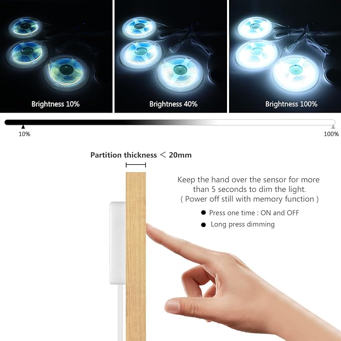 Under Cabinet LED Lighting kit, 6 PCS 6500K White LED Strip Lights Penetrable Wood Touch Dimmable COB LED Strip with 60W Adapter for Kitchen Cabinet,Counter,Shelf,TV Back,Showcase