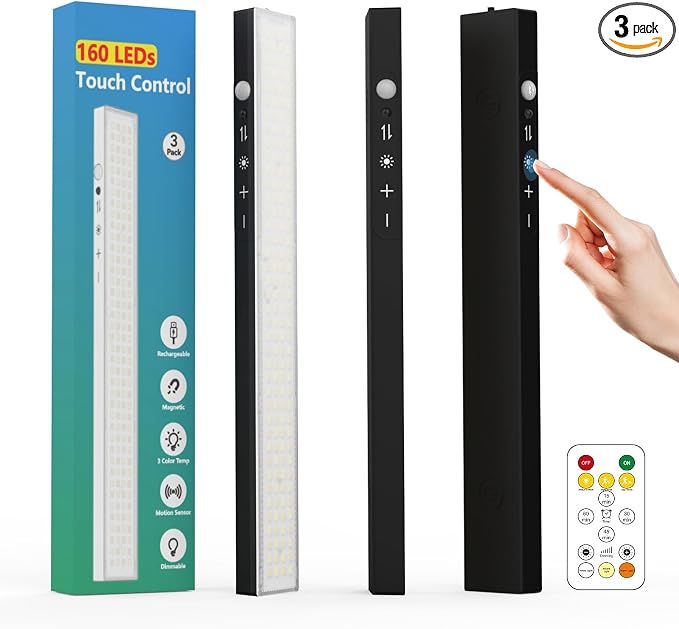 12" Under Cabinet Lights Wireless Rechargeable, Motion Sensor, 3Pack, Black | Touch & Remote Control丨160 bright LEDs丨4000mAh Battery丨Dimmable 3 color temps丨Magnetic install for kitchen counter, closet