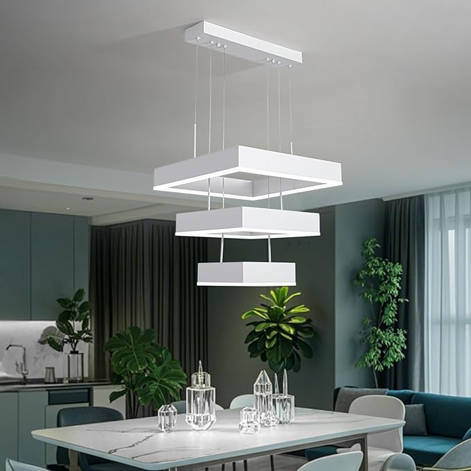 O'NEELDY Modern Chandelier White Pendant Lights Square LED Dining Room Light Fixture Height Adjustable Kitchen Island Lighting 3 Rings Flush Mount Chandeliers for Living Room,Bedroom,Dining Table
