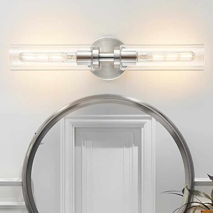 Lanhall 2 Light Bathroom Wall Sconces Set of 2,Modern Farmhouse Brushed Nickel Bathroom Light Fixture Over Mirror with Clear Glass Shade,Vanity Light for Hallway Cabinet Bedroom Stairway Porch