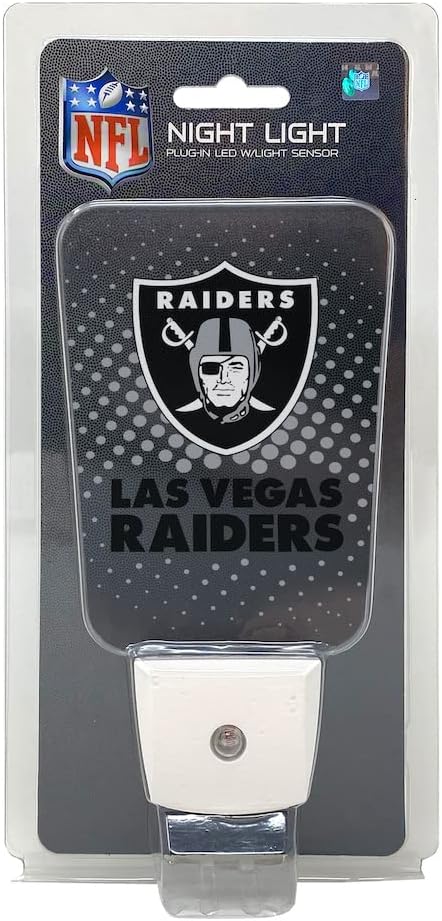Party Animal NFL Team LED Night Light, with Auto Sensor and 3 Light Settings, Slim 5-Inch Design fits Standard Outlets, Las Vegas Raiders