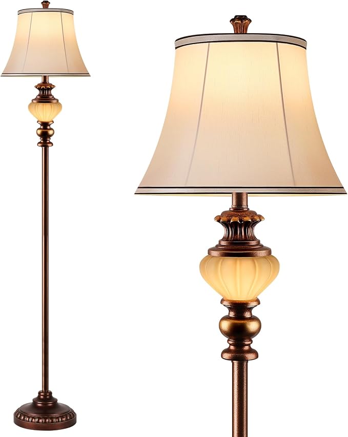 65'' Vintage Floor Lamp for Living Room, Retro Farmhouse Standing Lamp with Nightlight, Tall Lamp with Fabric Shade and Rotary Switch for Bedroom Office Dining Room Corner(LED Bulb Included)