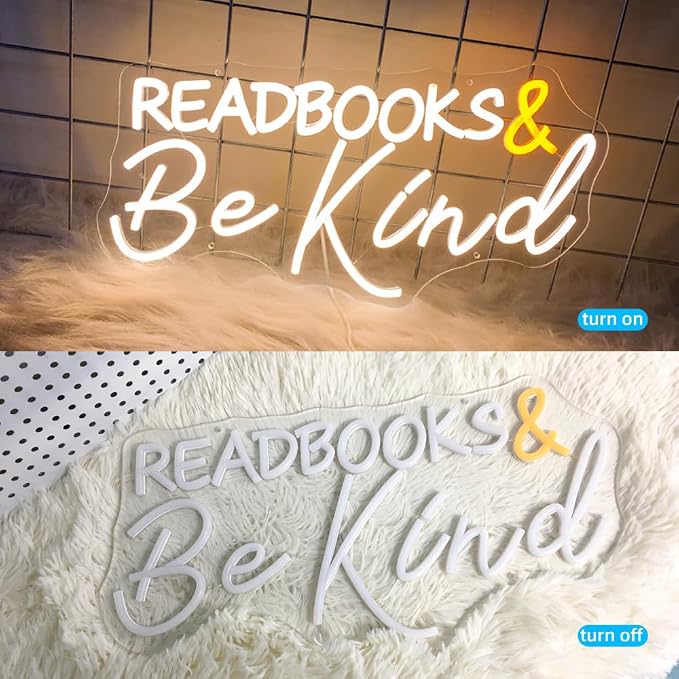 Read Books and Be Kind Neon Sign, LED Neon Light for Classroom Signs | Dimmable USB Powered Letter LED Neon Lights, 19"x9.6" Student LED Neon Light for Bookstore Library Museum Study Room Decor