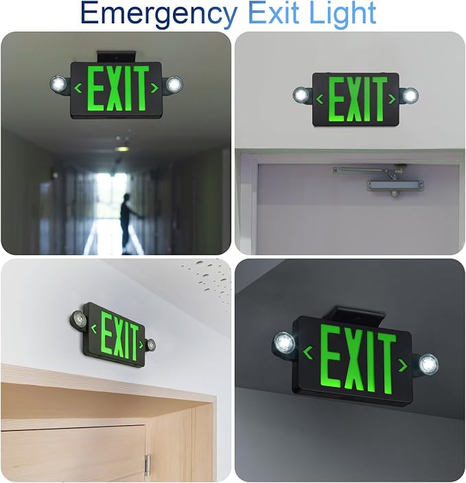 TANLUX Green Exit Sign with Emergency Lights, LED Emergency Exit Light with Battery Backup, Black Housing, UL Listed, AC 120/277V, Commercial Emergency Lights Combo for Business - 1 Pack