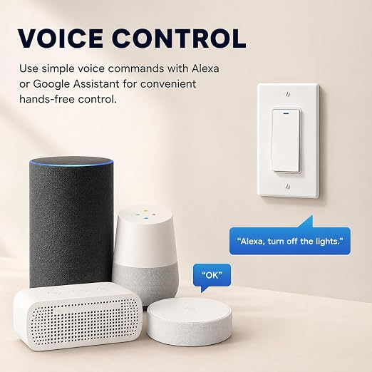 Smart Switch for Light 1 Gang, Neutral Wire Required, 2.4GHz Wi-Fi Switch Compatible with Alexa and Google Home, UL Certified
