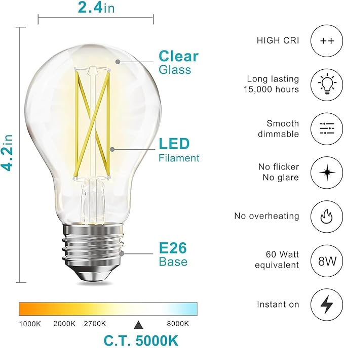 dalattin 24 Pack A19 Vintage LED Edison Bulbs, Dimmable, 60W Equivalent, High Brightness 5000K Daylight, Ultra-Bright, 8W E26 Standard Base, 800 Lumens, CRI80+, Clear Glass Filament Bulb for Home