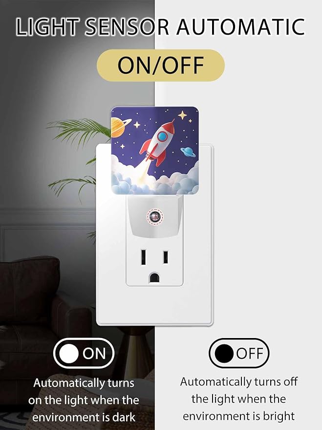 Cartoon Night Lights Plug into Wall LED Night Light Rocket Stars Space Modern Automatic Dimmable Dusk-to-Dawn Square Shaped Smart Nightlight for Bathroom/Bedroom