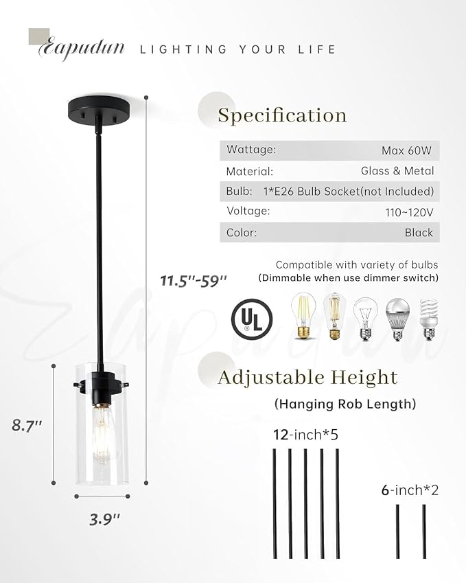 EAPUDUN Pendant Lights (2 Packs), Hanging Lights Fixtures, Clear Glass Shade Kitchen Lighting, Matte Black Farmhouse Kitchen Dining Table Ceiling Lights -PDA1353-B-MBK