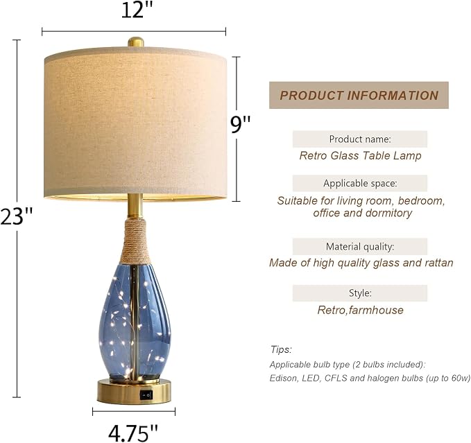 23" Table Lamps for Living Room Set of 2 Bedside Lamps for Night Stands Bedroom Lamps Farmhouse Rattan Boho Lamp Glass Nightlight End Table Lamp with USB C+A (Blue),Two Light Points