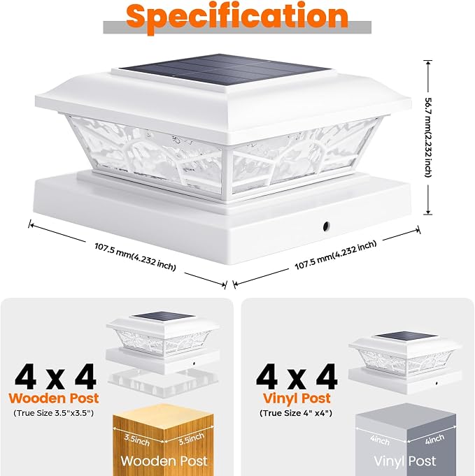 Solar Post Cap Lights, White, 4x4 3.5x3.5, 4-Pack | 2 Modes (Warm/Cool White), 16LEDs, for Wooden/Vinyl Posts, IP65 Waterproof, Outdoor, for Fence, Deck, Patio, Yard, Porch