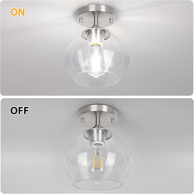 Modern Semi Flush Mount Ceiling Light Fixture, Brushed Nickel | Clear Glass Shade, Quick & Easy Installation, Premium Quality, Perfect for Hallway Kitchen Entryway Laundry