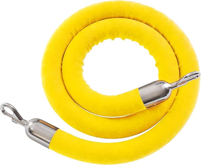 Montour Line Velvet Hanging Stanchion Rope Foam Core, 8 Foot Yellow Rope with Polished Stainless Steel Snap Ends