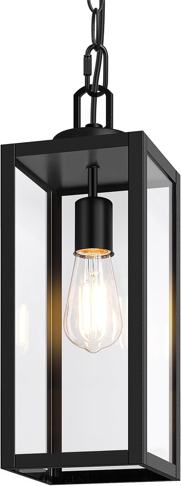 15” Large Outdoor Pendant Light, Modern Hanging Lantern, Black | Hanging Height Adjustable, Waterproof, Rust-Resistant, Durable Metal & Clear Glass, Standard E26 Sockets, Easy to Install