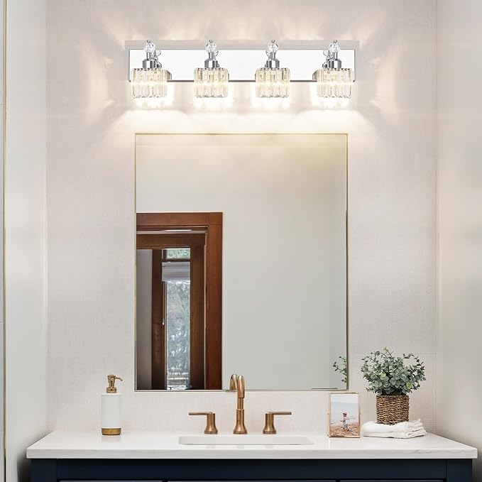 PRESDE Crystal 4 Light Bathroom Vanity Lights Chrom Vanity Light for Bathroom Over Mirror Modern Bath Wall Lighting