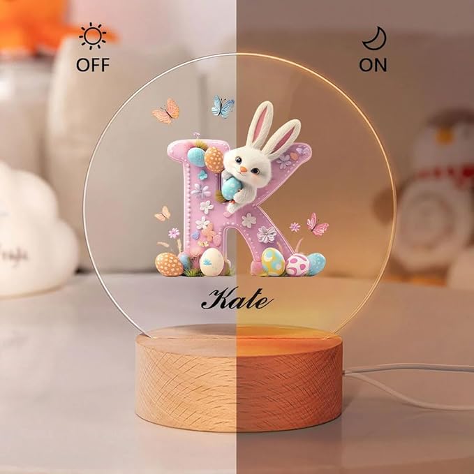 Personalized Pink Bunny Easter Egg 3D Initial LED Night Light with Name & Wooden, Base Room Decor, Birthday Party Easter Gift
