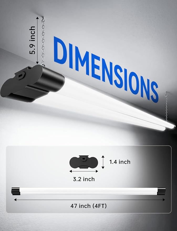 (6 Pack) LED Shop Light 4FT, 4500LM, 45W (150W Equivalent), 6500K Bright White Linkable Integrated Ceiling Light Fixture, Hanging or Flush Mount Garage Lighting, Corded Electric with ON/OFF Switch