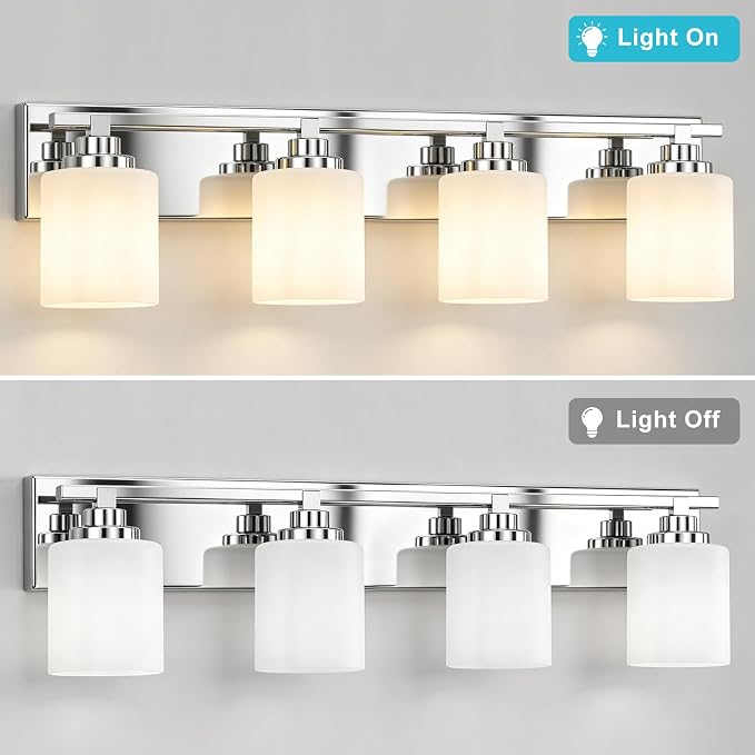 Modern Bathroom Lighting Fixtures Over Mirror, Vanity Lights for Bathroom, Wall Sconces with Milky White Glass Shades, E26 Ceramic Socket, 4-Light 27.5-inch Chrome