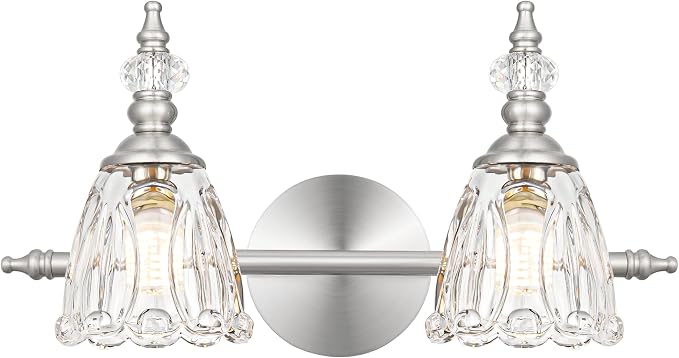 Vintage Vanity Light Fixtures for Bathroom, 2 Light Brushed Nickel Vanity Lighting Over Mirror, Bathroom Light Fixtures with Flower Clear Glass, Farmhouse Sconces Wall Lighting for Hallway