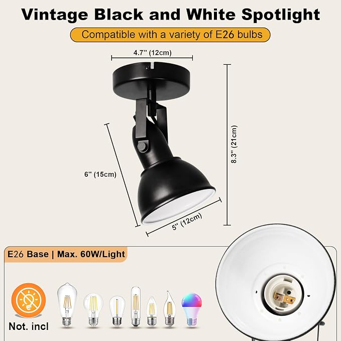 HiBay 1-Light Track Lighting Black, Directional Ceiling Wall Spotlight | Industrial LED Track Spot Light Fixture Indoor for Kitchen Bedroom Bedside, E26 Base, Bulbs Not Included