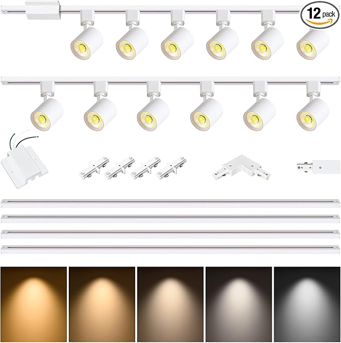 5 Color 12-Light Track Lighting Kit with 13FT H Track Rail, White | 10W Dimmable LED Track Lighting Fixtures Ceiling Spotlight 800LM, CRI90, Floating Canopy Connector Included for Installation