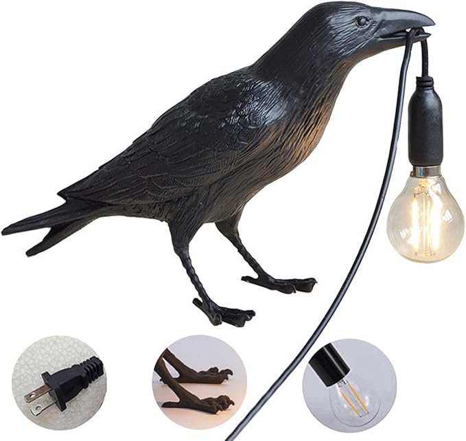 Crow Table Lamps Bird Desk Lamp Bedroom Wall Sconce lamp Light Resin Decoration E12 110V LED Bulb (Black Sitting Table Lamp)
