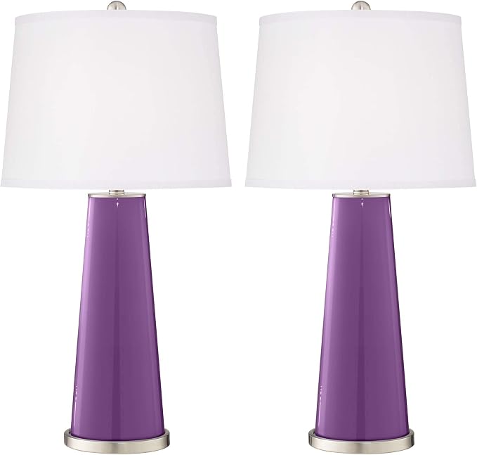 Leo 29 1/2" Tall Table Lamps Set of 2 Passionate Purple Glass Modern | Plain Tapered Column Bedroom Living Room House Home Bedside Nightstand Office Family White Drum Shade