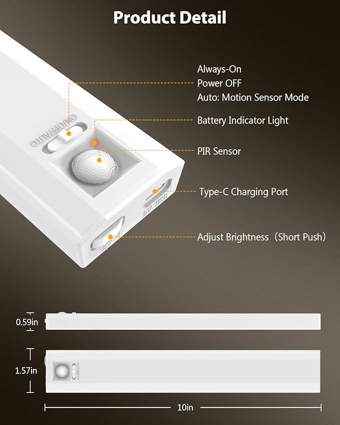 10” Under Cabinet Lighting, 68LEDS Motion Sensor Light Indoor, Rechargeable Battery Magnetic Closet Light, Wireless Under Counter Lights for Kitchen, Stairs, 2-Pack Warm Light