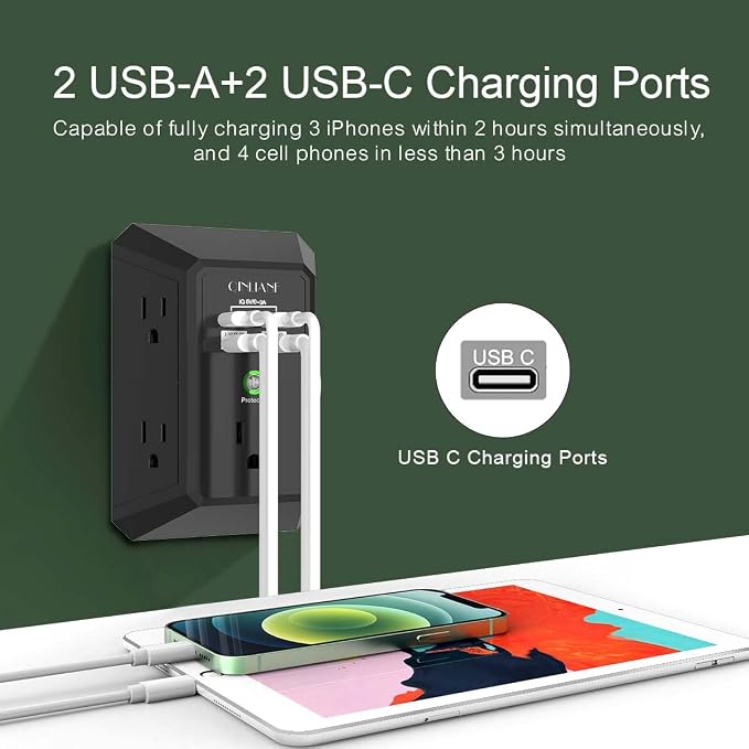 USB Wall Charger, Surge Protector, QINLIANF 5 Outlet Extender with 4 USB Charging Ports(2U2C) 3-Sided 1680J Power Strip Multi Plug Outlets Wall Adapter Spaced for Home Travel Office,Black