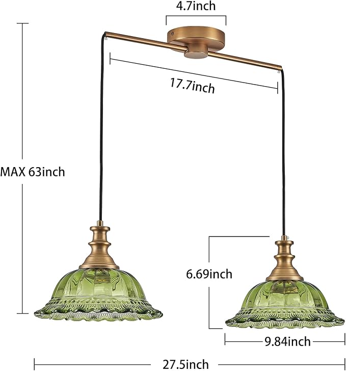 HDDFL Vintage Pendant Light Fixtures Modern Green Glass Hanging Lighting with Adjustable Cord for Kitchen Island Dining Room Living Room Hallway